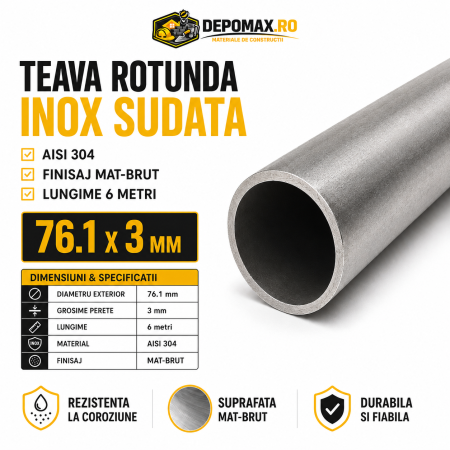 Teava rotunda inox sudata AISI 304, 76.1 x 3 mm, 6 metri